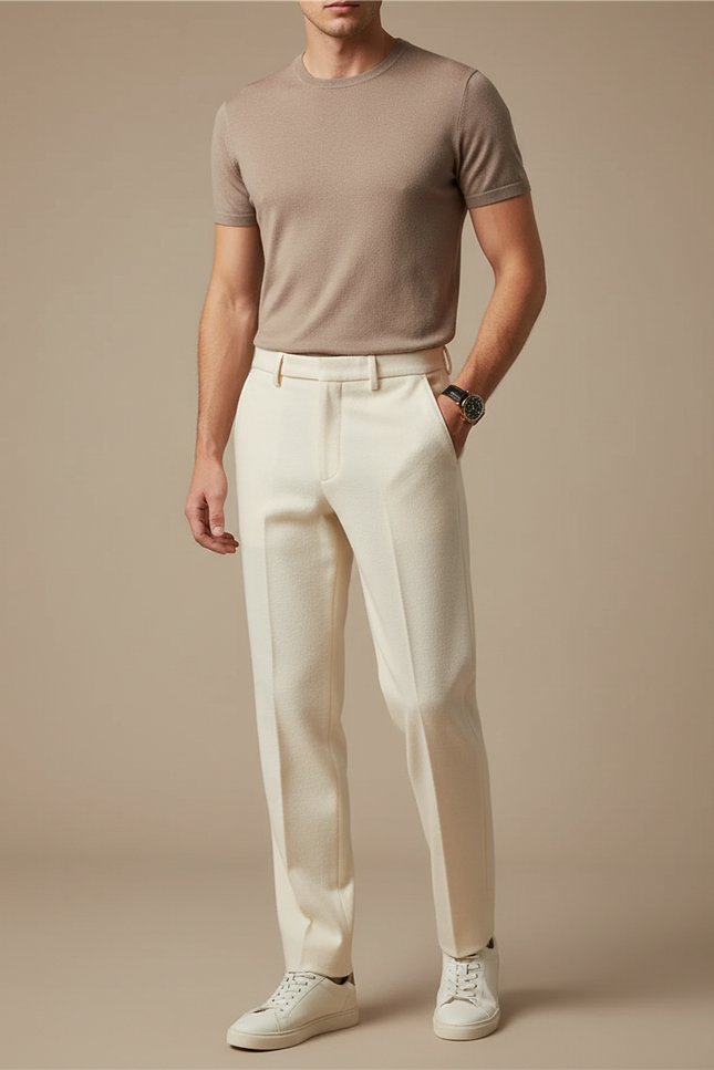 Pantalon Fluide Crème Laine Droit Formel Homme Décontracté - Beige