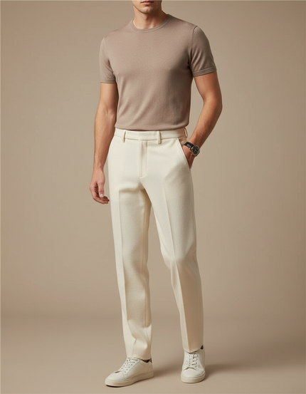 Pantalon Fluide Crème Laine Droit Formel Homme Décontracté - Beige