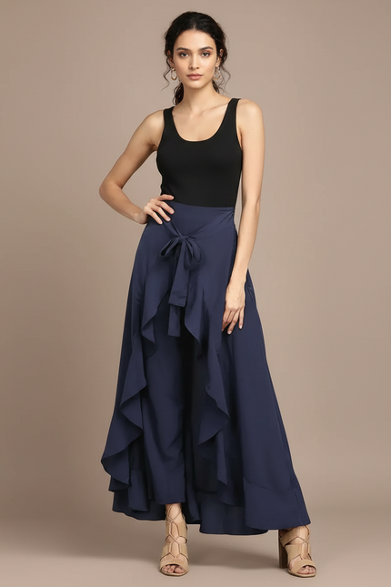 Pantalon Fluide Bleu Marine Volants Ample Élégant - Polyester