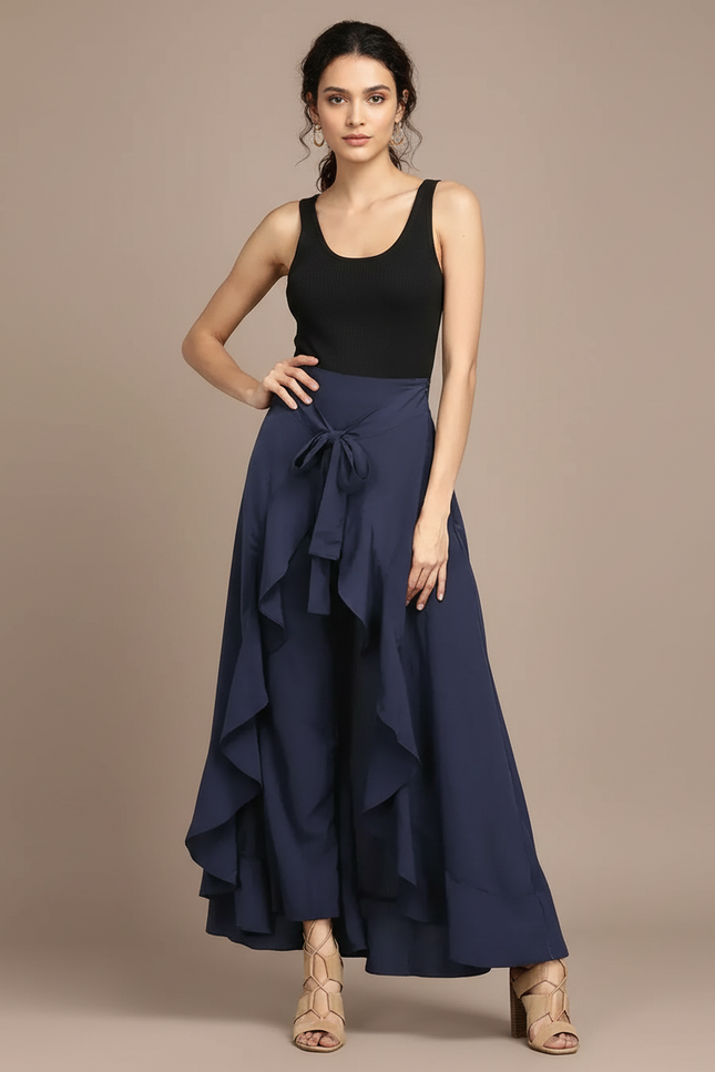 Pantalon Fluide Bleu Marine Volants Ample Élégant - Polyester