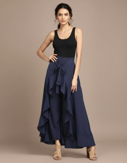 Pantalon Fluide Bleu Marine Volants Ample Élégant - Polyester