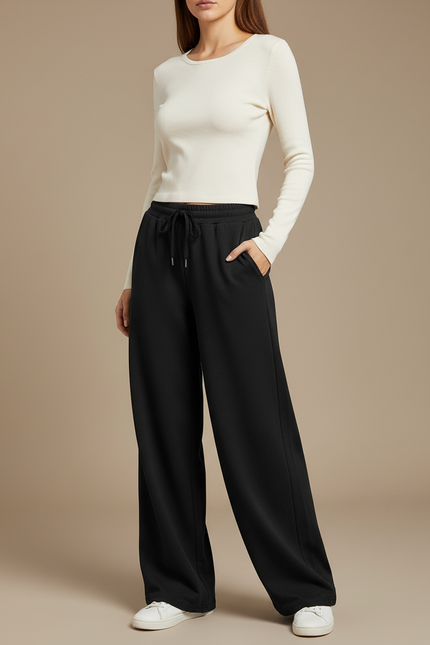 Pantalon Fluide Noir Ample Décontracté Cordon Poches - Molleton