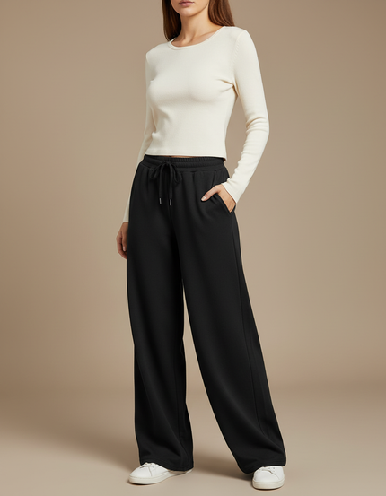 Pantalon Fluide Noir Ample Décontracté Cordon Poches - Molleton