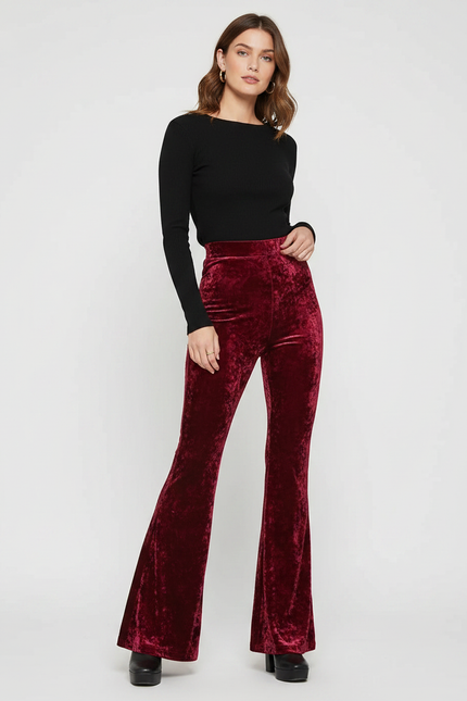 Pantalon Fluide Rouge Velours Évasé Taille Haute Élégant - Bordeaux