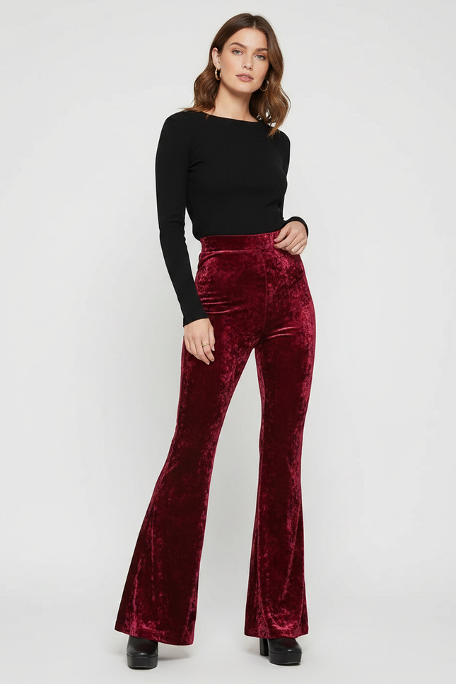 Pantalon Fluide Rouge Velours Évasé Taille Haute Élégant - Bordeaux