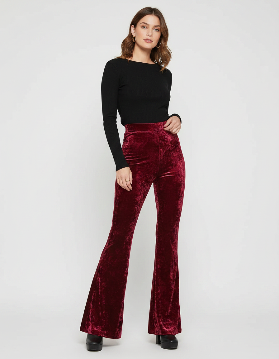 Pantalon Fluide Rouge Velours Évasé Taille Haute Élégant - Bordeaux
