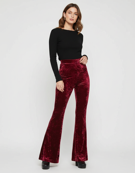 Pantalon Fluide Rouge Velours Évasé Taille Haute Élégant - Bordeaux
