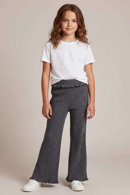 Pantalon Fluide Côtelé Gris Imprimé Évasé Fille - Maille