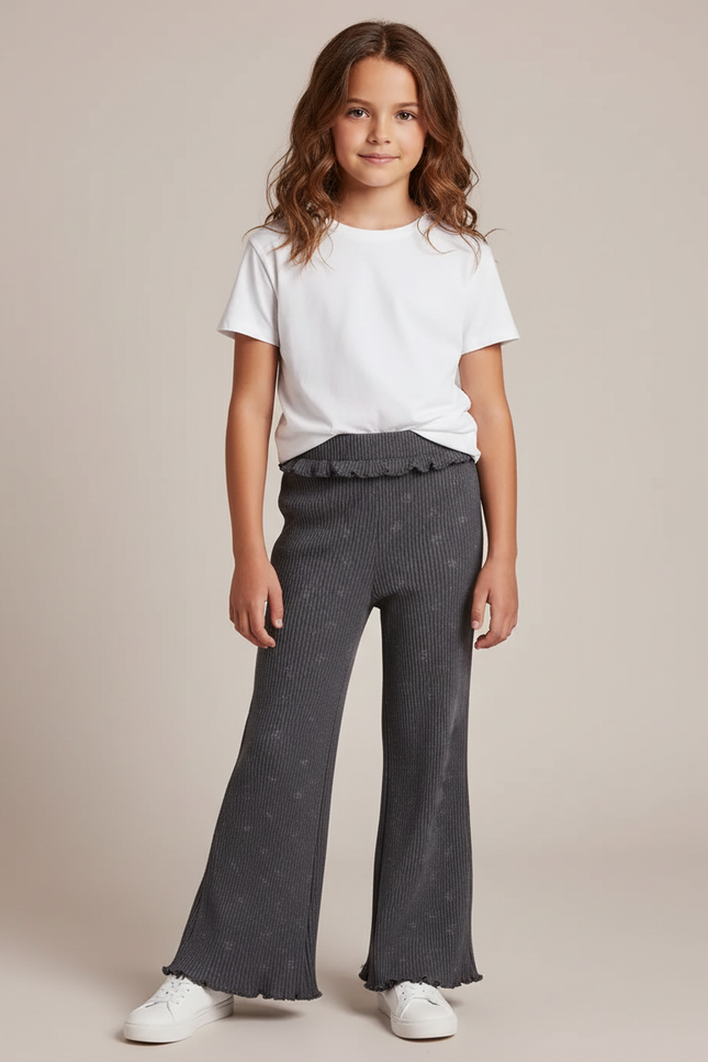 Pantalon Fluide Côtelé Gris Imprimé Évasé Fille - Maille