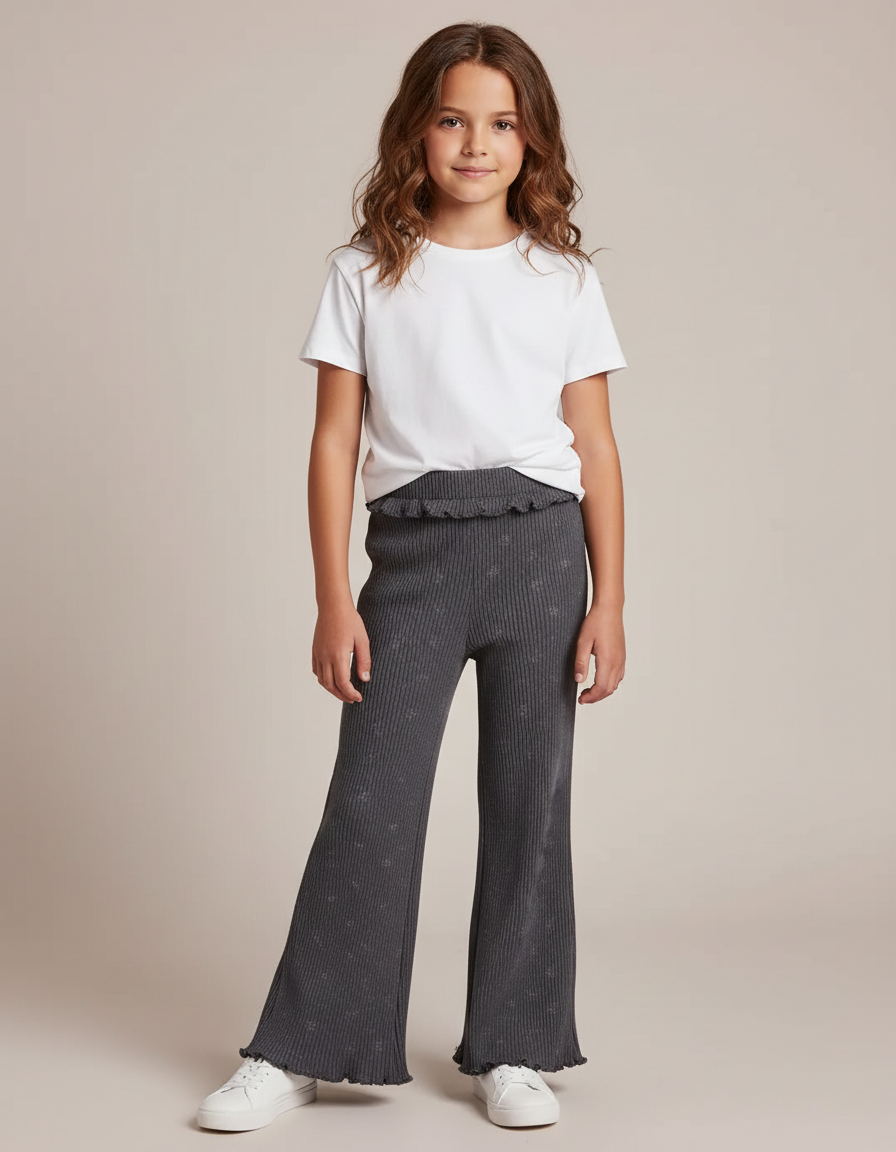 Pantalon Fluide Côtelé Gris Imprimé Évasé Fille - Maille