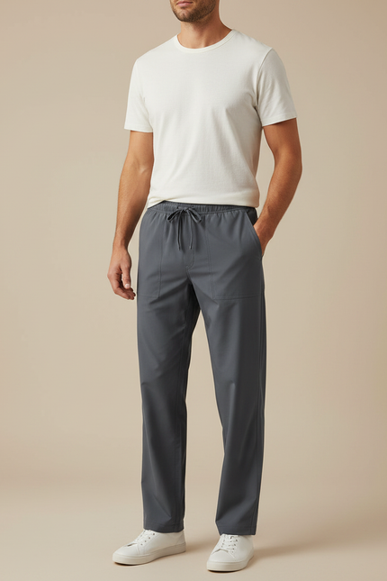 Pantalon Fluide Gris Droit Cordon Homme Décontracté - Polyester