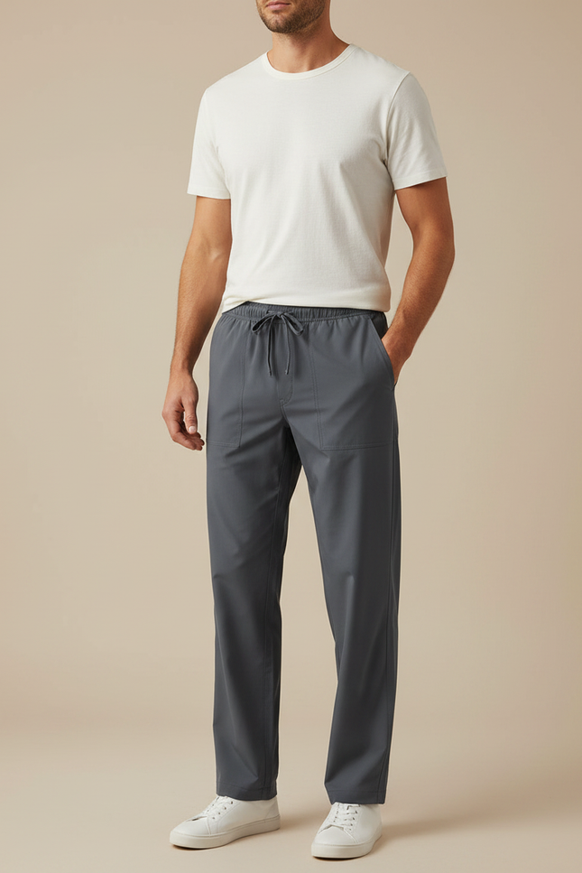 Pantalon Fluide Gris Droit Cordon Homme Décontracté - Polyester