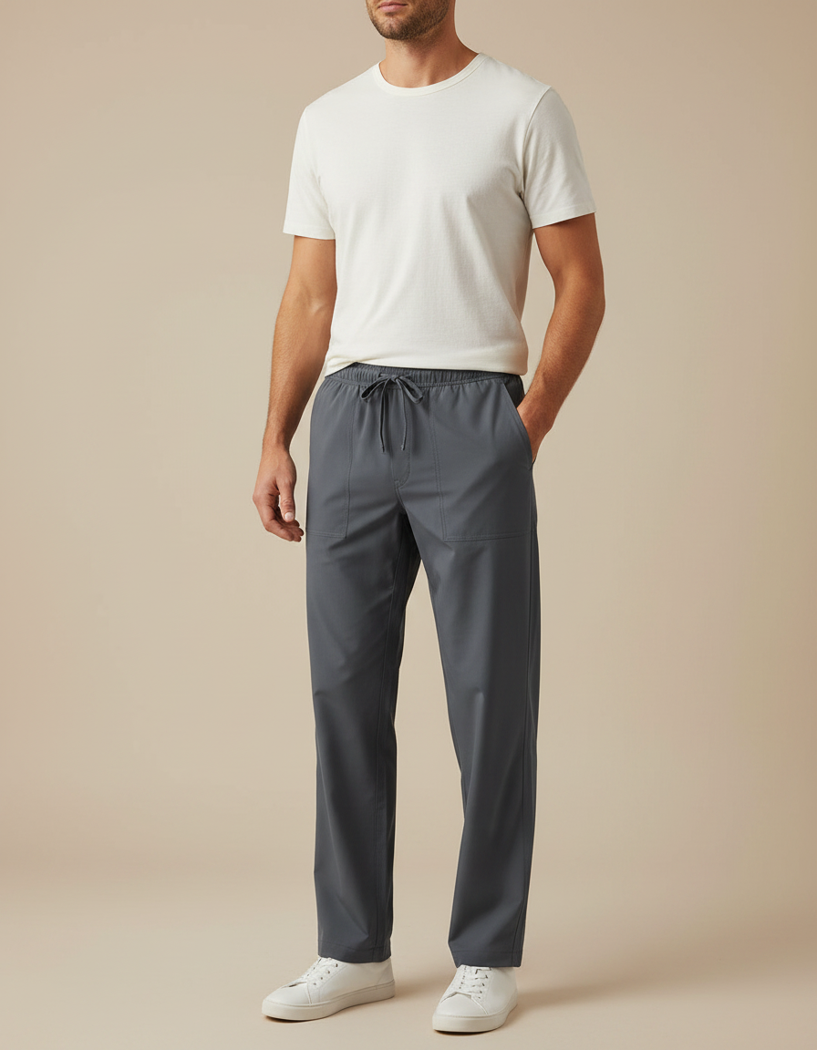 Pantalon Fluide Gris Droit Cordon Homme Décontracté - Polyester