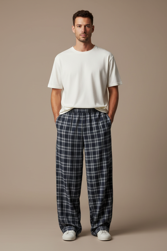 Pantalon Fluide Carreaux Bleu Marine Ample Décontracté Homme - Coton