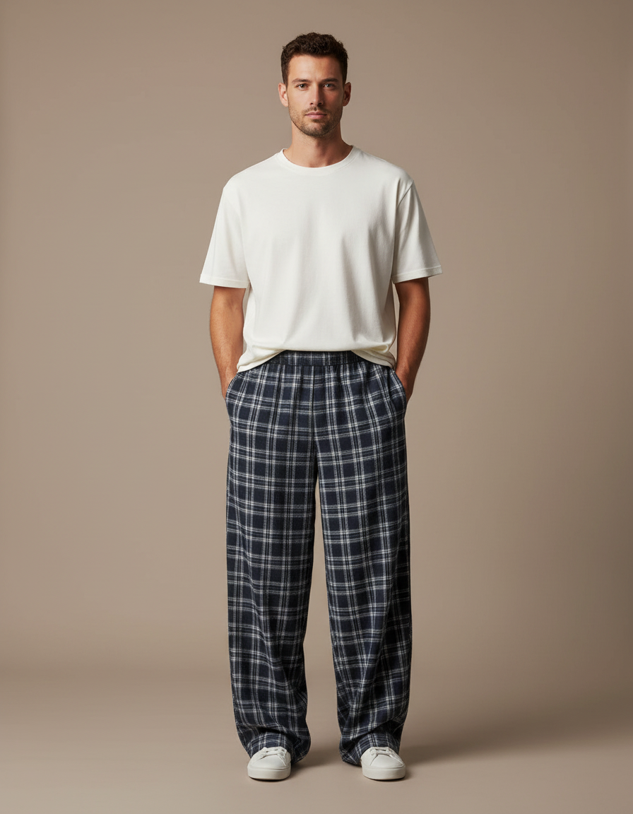 Pantalon Fluide Carreaux Bleu Marine Ample Décontracté Homme - Coton