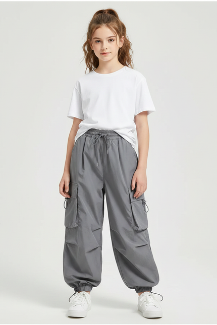 Pantalon Fluide Cargo Gris Ample Décontracté Enfants - Polyester