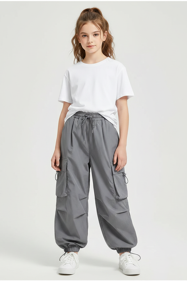 Pantalon Fluide Cargo Gris Ample Décontracté Enfants - Polyester