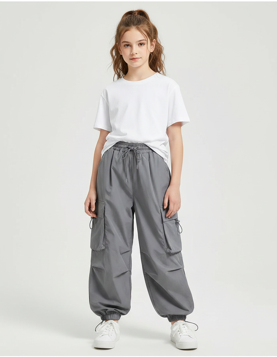 Pantalon Fluide Cargo Gris Ample Décontracté Enfants - Polyester