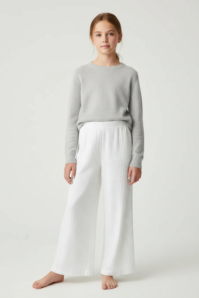 Pantalon Fluide Blanc Ample Pointillé Décontracté Confortable - Maille