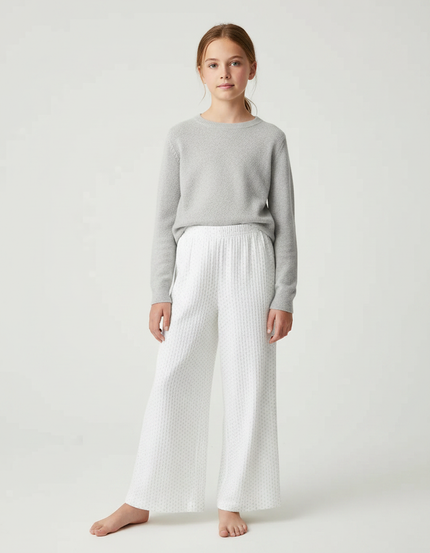 Pantalon Fluide Blanc Ample Pointillé Décontracté Confortable - Maille