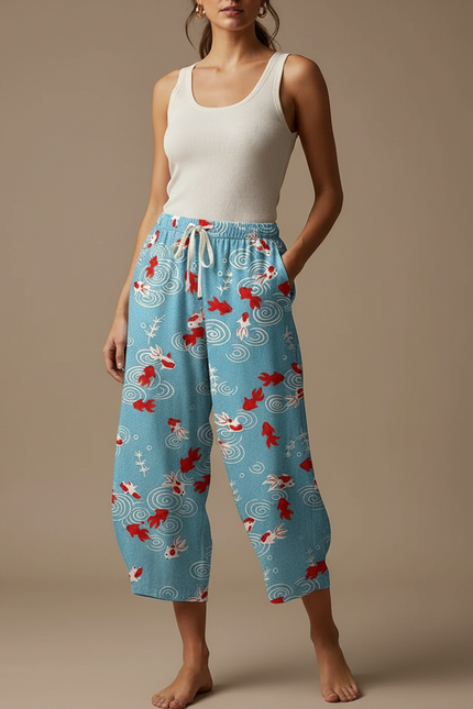 Pantalon Fluide Bleu Ciel Imprimé Poissons Ample Décontracté - Viscose