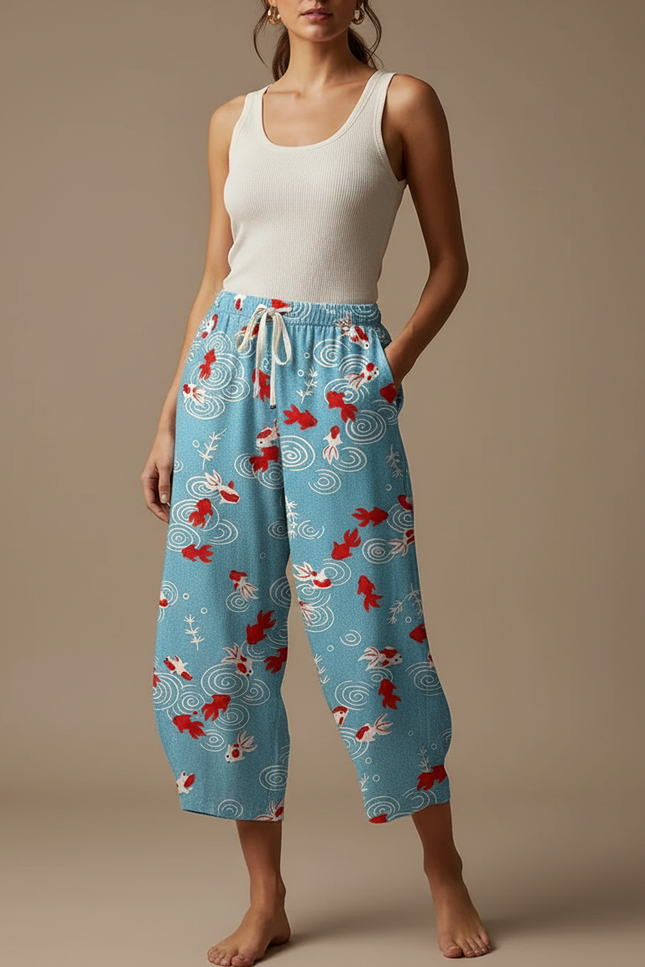 Pantalon Fluide Bleu Ciel Imprimé Poissons Ample Décontracté - Viscose