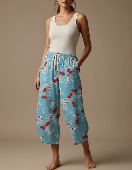 Pantalon Fluide Bleu Ciel Imprimé Poissons Ample Décontracté - Viscose