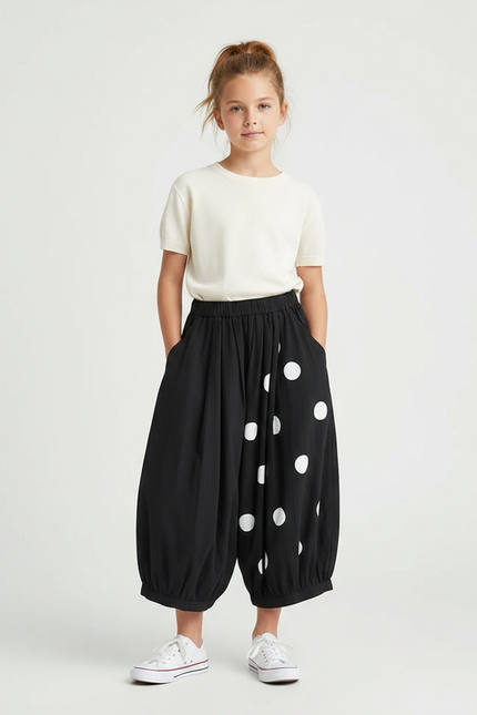Pantalon Fluide Noir Ample Pois Blancs Enfant - Viscose