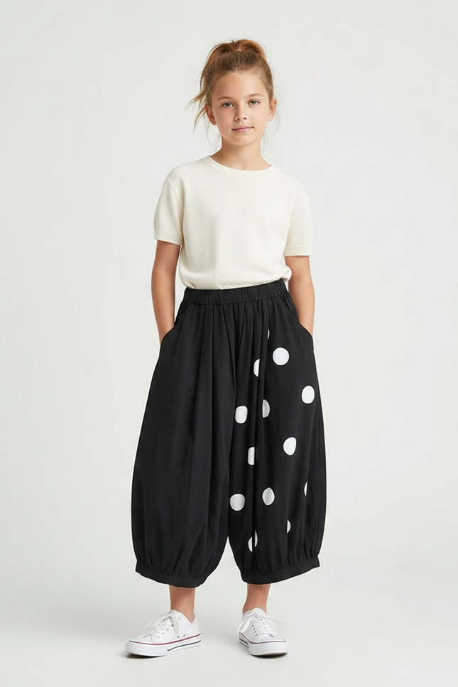 Pantalon Fluide Noir Ample Pois Blancs Enfant - Viscose