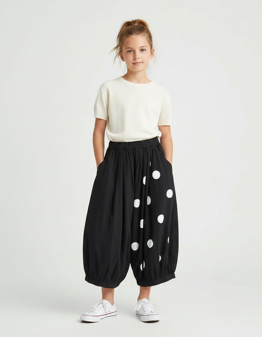 Pantalon Fluide Noir Ample Pois Blancs Enfant - Viscose