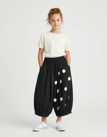 Pantalon Fluide Noir Ample Pois Blancs Enfant - Viscose