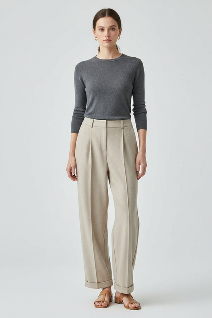 Pantalon Fluide Écru Taille Haute Plissé Large Élégant - Beige Laine