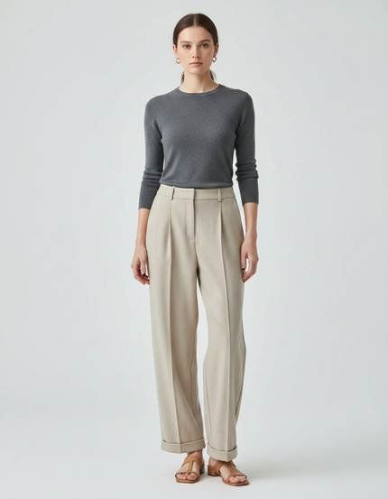 Pantalon Fluide Écru Taille Haute Plissé Large Élégant - Beige Laine