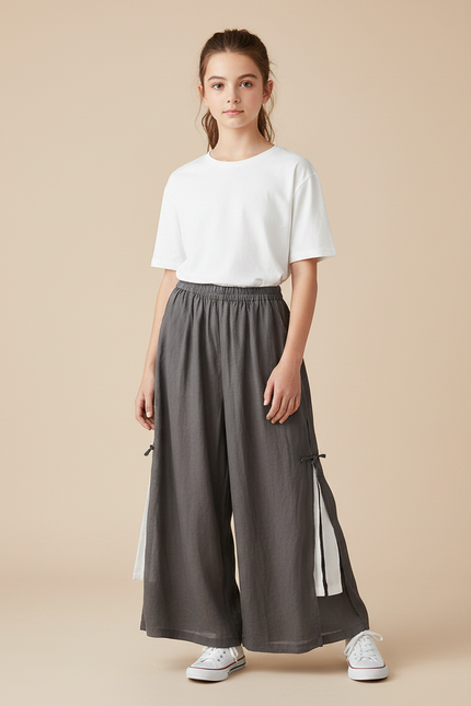 Pantalon Fluide Gris Ample Lin Coton Fille Décontracté