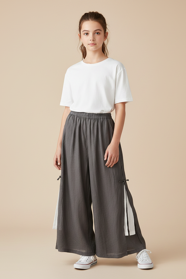 Pantalon Fluide Gris Ample Lin Coton Fille Décontracté