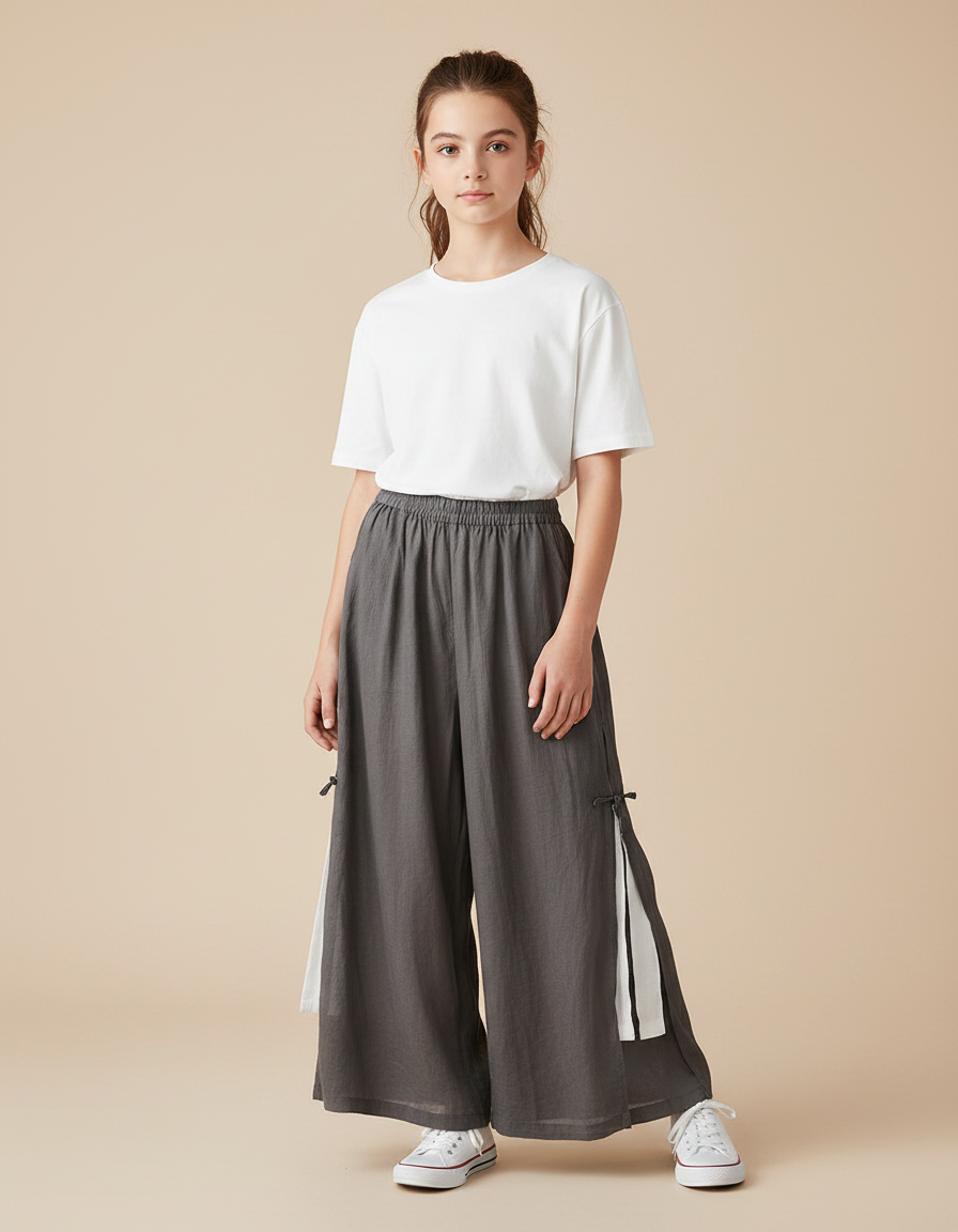 Pantalon Fluide Gris Ample Lin Coton Fille Décontracté