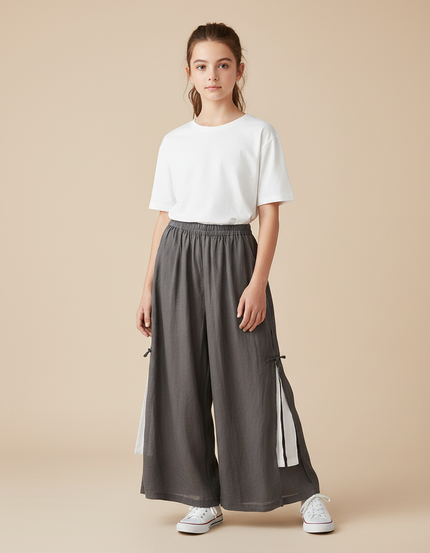 Pantalon Fluide Gris Ample Lin Coton Fille Décontracté