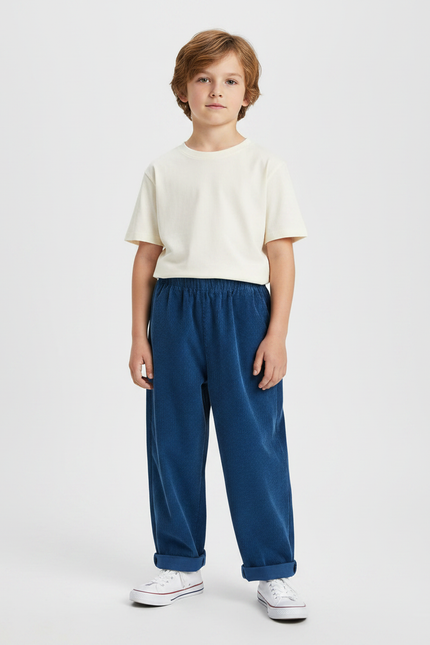Pantalon Fluide Bleu Côtelé Ample Décontracté Enfant - Cordé