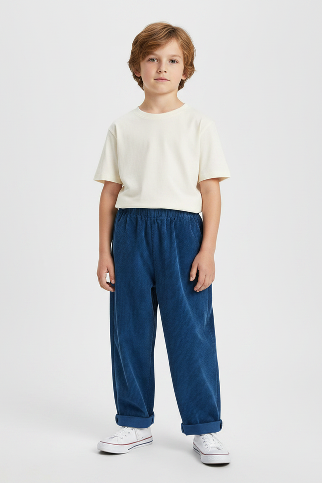 Pantalon Fluide Bleu Côtelé Ample Décontracté Enfant - Cordé
