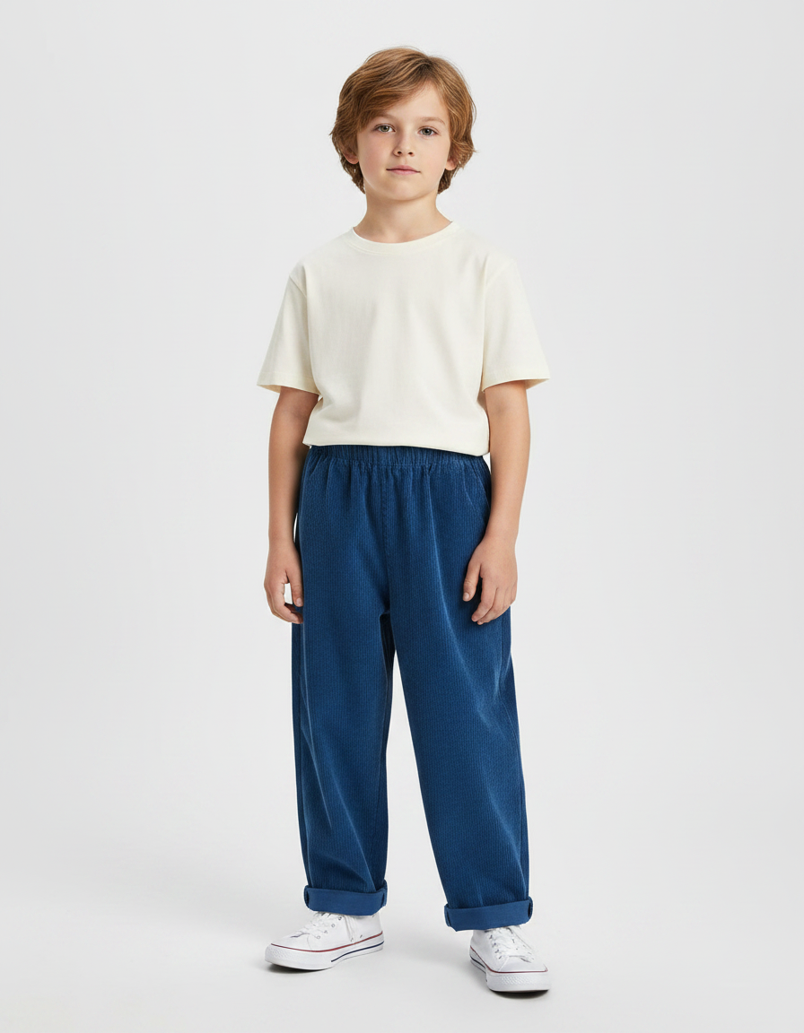 Pantalon Fluide Bleu Côtelé Ample Décontracté Enfant - Cordé