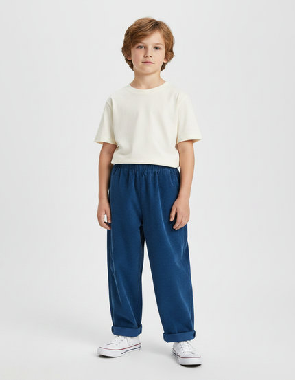 Pantalon Fluide Bleu Côtelé Ample Décontracté Enfant - Cordé
