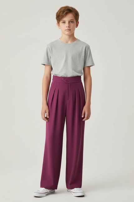 Pantalon Fluide Plissé Ample Violet Taille Haute - Polyester