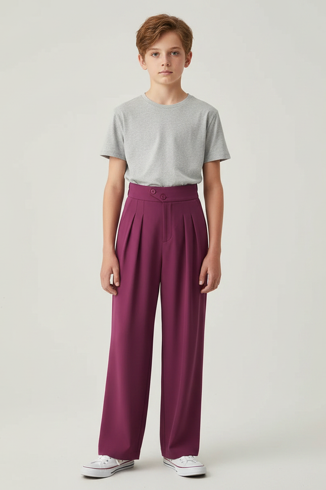 Pantalon Fluide Plissé Ample Violet Taille Haute - Polyester