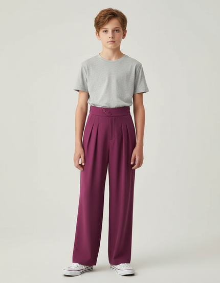 Pantalon Fluide Plissé Ample Violet Taille Haute - Polyester