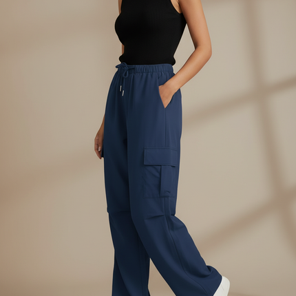 Pantalon Fluide Bleu Marine Cargo Ample Décontracté - Polyester