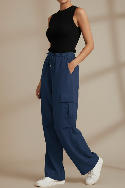 Pantalon Fluide Bleu Marine Cargo Ample Décontracté - Polyester