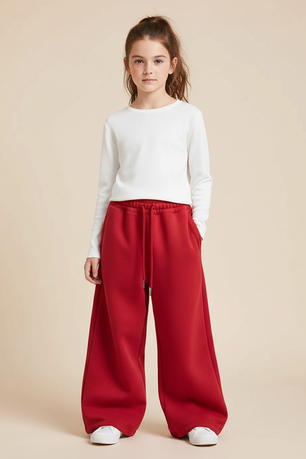 Pantalon Fluide Rouge Ample Molletonné Confortable Fille