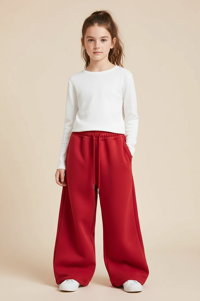 Pantalon Fluide Rouge Ample Molletonné Confortable Fille