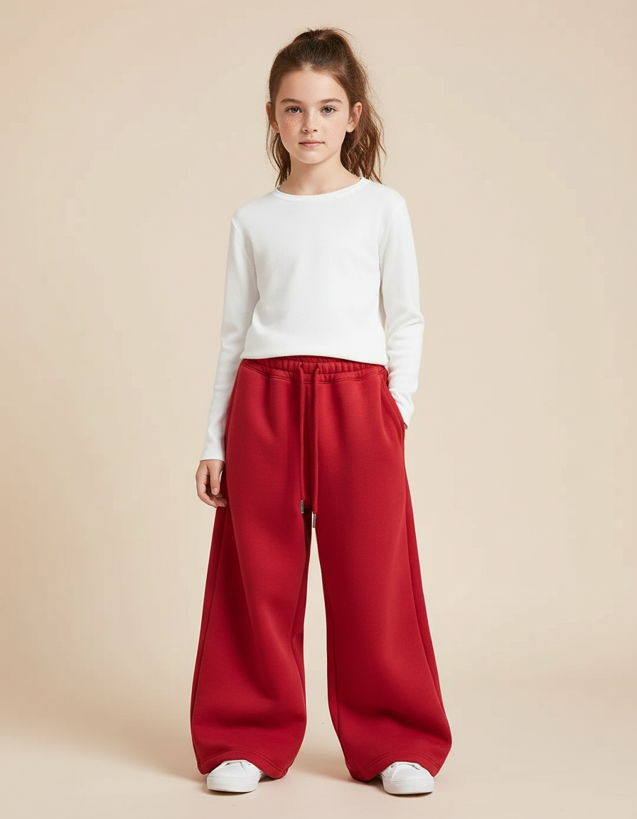 Pantalon Fluide Rouge Ample Molletonné Confortable Fille