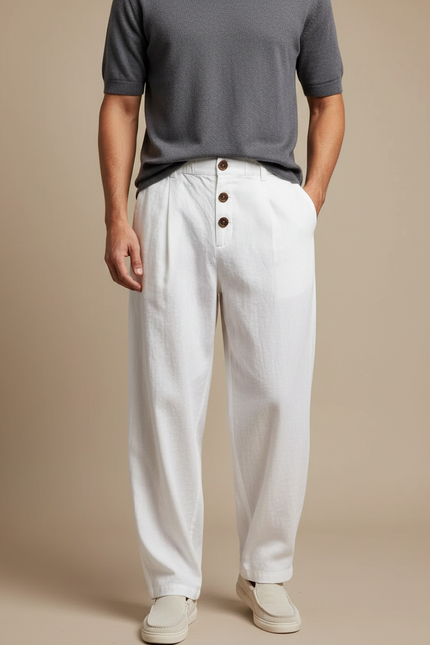 Pantalon Fluide Homme Blanc Lin Ample Boutons Décontracté